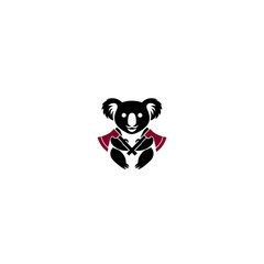 Fototapeta premium Powerful koala bear mascot in a red cape holding crossed axes, warrior animal character illustration, Australian wildlife design.