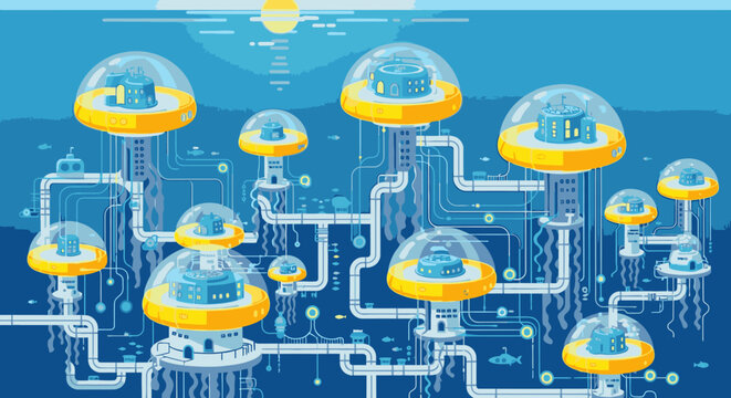 Futuristic underwater city with glowing domes and intricate pipe systems.