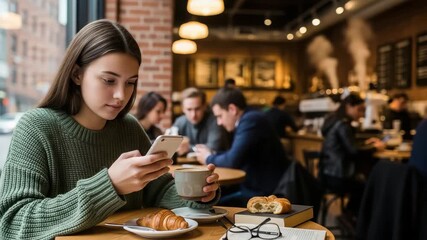 Young woman using smartphone while enjoying coffee and croissant at a cozy cafe - Powered by Adobe