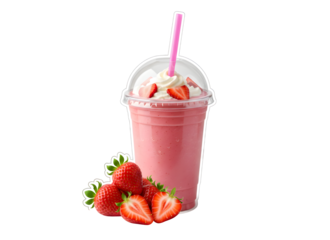 A strawberry smoothie served in a throwaway cup, with fresh strawberries on the side.

