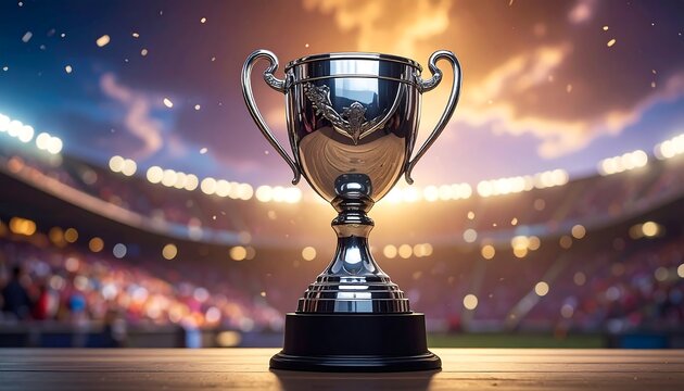 Shiny trophy in front of stadium lights & blurry crowd, evoking success in a vibrant, celebratory atmosphere