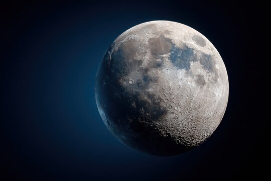Detailed view of the waxing gibbous Moon showing craters, maria, and highlands against the black backdrop of space - Powered by Adobe