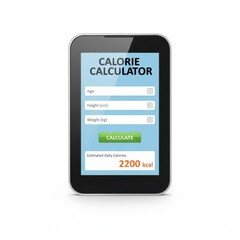 Digital tablet with calorie calculator app interface on screen showing estimated daily intake. Concept of health monitoring, diet planning, weight management, and modern technology for healthy lifesty