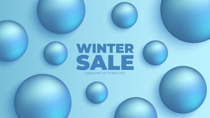 Winter Sale Commercial Banner. Winter Season Sale promotion background with blue colored spheres. Vector illustration.
