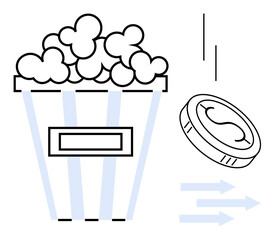 Popcorn bucket with iconic design overflowing with popcorn, accompanied by a coin toss. Ideal for cinema, movie night, entertainment, expenses, leisure, budgeting and recreation. Simple flat