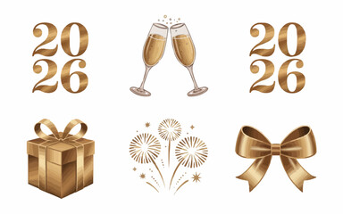 Celebrate the New Year with golden 2026 graphics featuring champagne toasts, gift boxes, fireworks, and elegant bows for festive designs