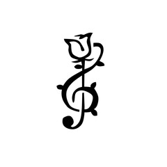 Fototapeta premium Elegant black G-clef combined with a blooming rose and thorns. Symbolizes romance, classical music, art, and passion. Perfect for studios or apparel.