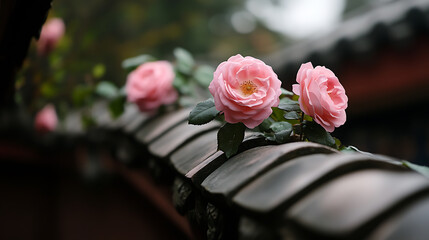 Pink roses adorn a weathered rooftop, their delicate petals contrasting with the rough tiles, capturing a moment of natural beauty against an architectural backdrop.