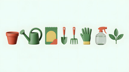 3D Gardening Tools Set: Pot, Watering Can, Seeds, Spray, Shovel, Rake, Gloves and Leaves