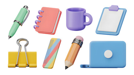 3D School and Office Supplies: Pen, Notebook, Mug, Clipboard, Binder Clip, Ruler, Pencil, Laptop