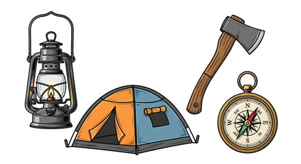 Camping essentials illustration featuring lantern tent axe and compass for outdoor adventures. © mbak