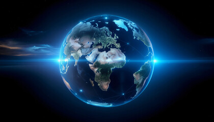 Fototapeta premium Stunning digital Earth glows with futuristic network connections, symbolizing global connectivity and advanced technology in the cosmos.