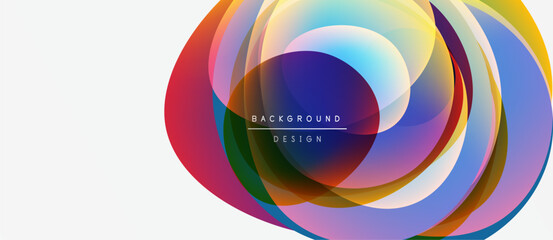 Abstract colorful layers create dynamic circular design. Bright hues blend, forming modern background element. Simple, clean aesthetic.