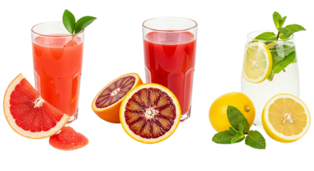 Three glasses of fresh citrus juice and fruits, isolated on transparent background