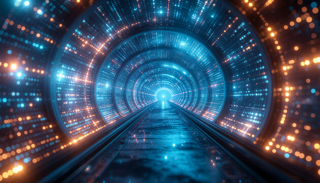 Virtual cyber tunnel filled with data particles and holographic grids, symbolizing digital connectivity