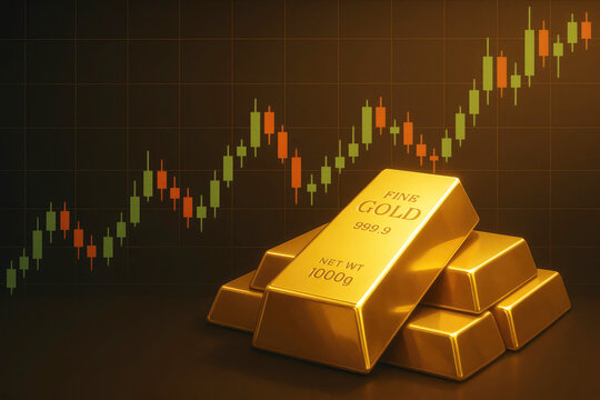 Pile of gold bars with upward trending financial stock market graph and yellow line chart bullion finance