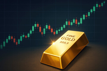 Single gold bar with upward trending financial stock market graph and yellow line chart bullion finance