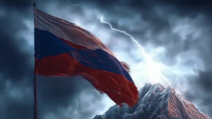 A flag on a pole, shredded in the wind, against a backdrop of mountains and lightning - Powered by Adobe