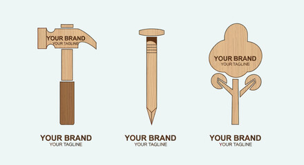 Set of wooden carpentry tool and tree logo templates.