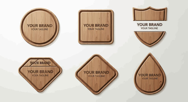 Collection of realistic wooden labels in various geometric shapes for branding.