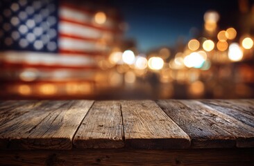 Close-up of Wooden with Blurred City Lights and American Flag in