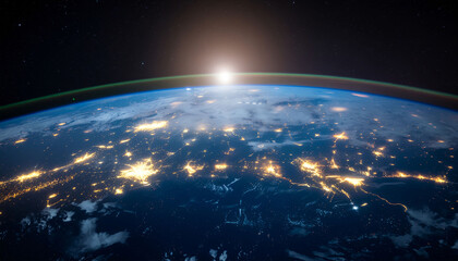 Telecommunication and satellite internet visualization, glowing Earth network connected by high-speed data trails.