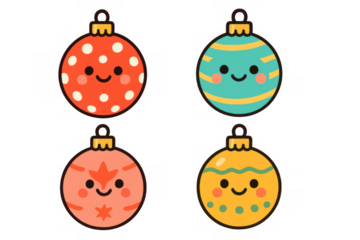 Cartoon christmas ornaments set with happy smiling faces and festive patterns on transparent background