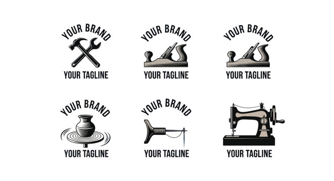 Vintage Craftsmanship Logos Collection Featuring Various Artisan Tools and Trades.