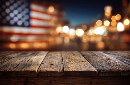 Close-up of Wooden with Blurred City Lights and American Flag in