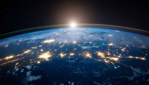 Telecommunication and satellite internet visualization, glowing Earth network connected by high-speed data trails.