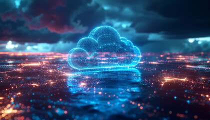 Vibrant digital cloud shines bright over glowing network landscape, symbolizing innovation and future technology
