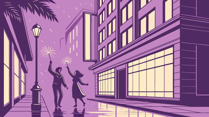 Celebrating new year's eve with sparklers in a city street scene | editable eps