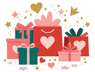 Vector illustration of a festive arrangement of gift boxes and shopping bags adorned with hearts and stars, isolated on a