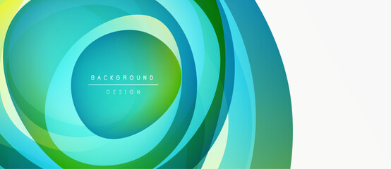 Abstract layers create flowing, circular design. Vibrant turquoise, green hues dominate left side, transitioning to white. Text reads background design.
