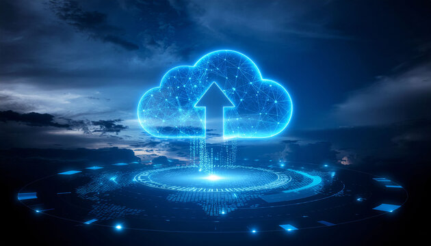 Modern cloud computing with arrow pointing up, symbolizing data transfer and digital transformation, perfect for tech startups and innovative businesses