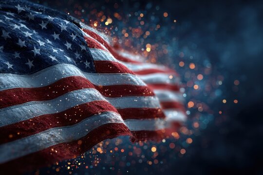 United States flag ripples in the wind with sparkling lights at night