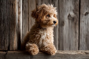 poodle in front of rustic wooden wall
