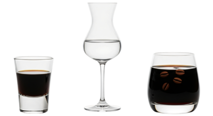 Three glasses containing different coffee drinks, one with coffee beans, isolated on transparent background