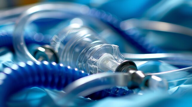 Close up of suction catheter insertion into tracheostomy tube with saline bulb for respiratory care