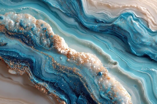 Abstract fluid art with swirled blues, gold accents, and white creating a luxurious and elegant visual texture