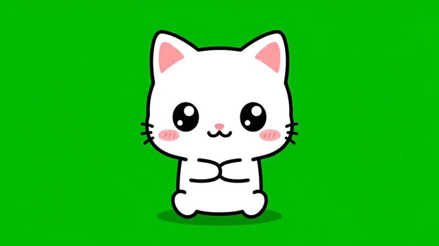 A cute, white cartoon cat illustration sits with paws together, rendered in a flat style against a bright green background.