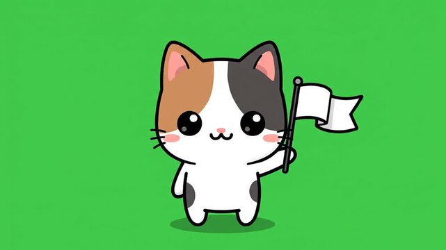 Illustration of a cute calico cat waving a white flag, set against a vibrant green background in a cartoon style.