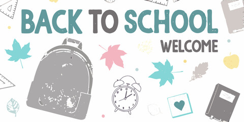 Back to school welcome with backpack alarm clock books leaves and apple illustration