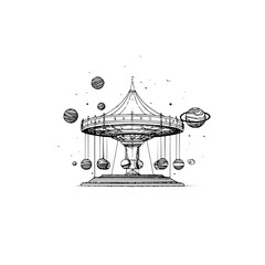 A whimsical carousel with planetary ornaments floating around it in a black and white sketch style art © Tufail