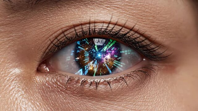 Enchanting colors and patterns dance within eyes, showcasing a cosmic display of vibrant light. This captivating journey explores imagination and perception in a whimsical way.