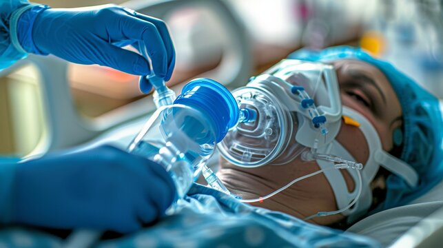 Close up of patient on ventilator with medical staff in sterile hospital setting during care