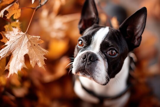 boston terrier while standing against background of autumn leaves