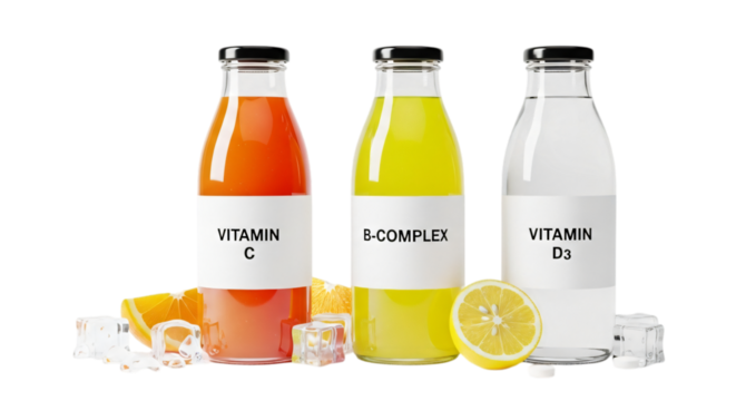 Three bottles of vitamin drinks, vitamin c, bcomplex, and vitamin d3, with ice cubes and orange slices isolated on transparent background - Powered by Adobe