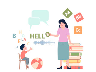 Speech therapy for children. Therapist session, child development, education. Language and talk skills, problems with articulations, recent vector scene