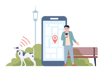 Dog tracker. Collar gps trackers for control dog or cat location in smartphone app. Wireless pets safety system, pet care recent vector scene